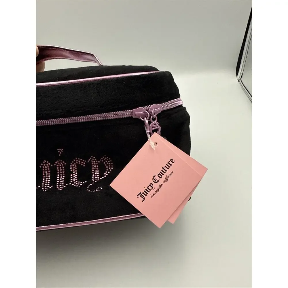 Juicy Couture Black Valour Rhinestone Makeup Bag Train Case Pink Handle NWT
